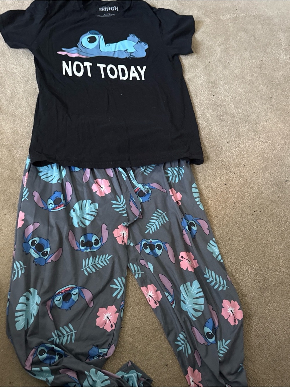 Disney Stitch Kids Pajama Set - Black Top with Gray Floral & Stitch Pants